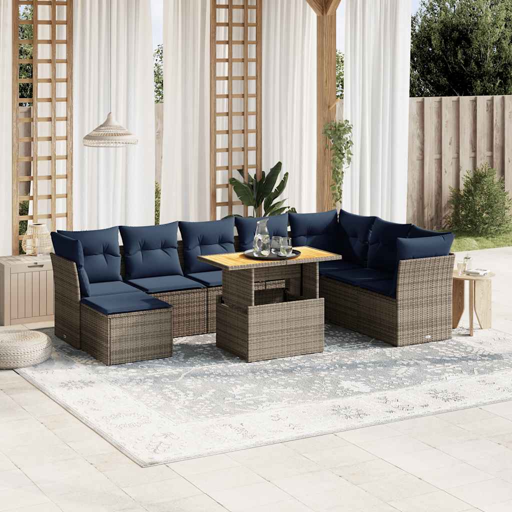 JUNG Vida 9-tlg. Garten-Sofagarnitur mit Kissen Grau Poly Rattan