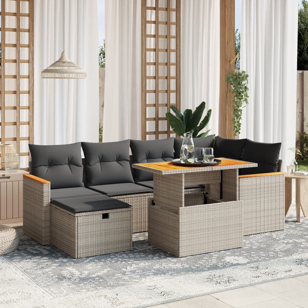 JUNG Vida 7-tlg. Garten-Sofagarnitur mit Kissen Grau Poly Rattan
