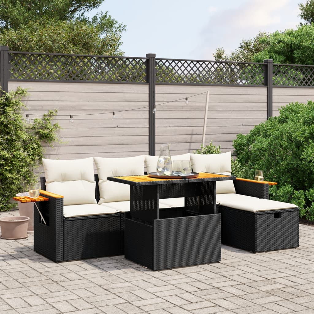 JUNG Vida 6-tlg. Garten-Sofagarnitur mit Kissen Schwarz Poly Rattan