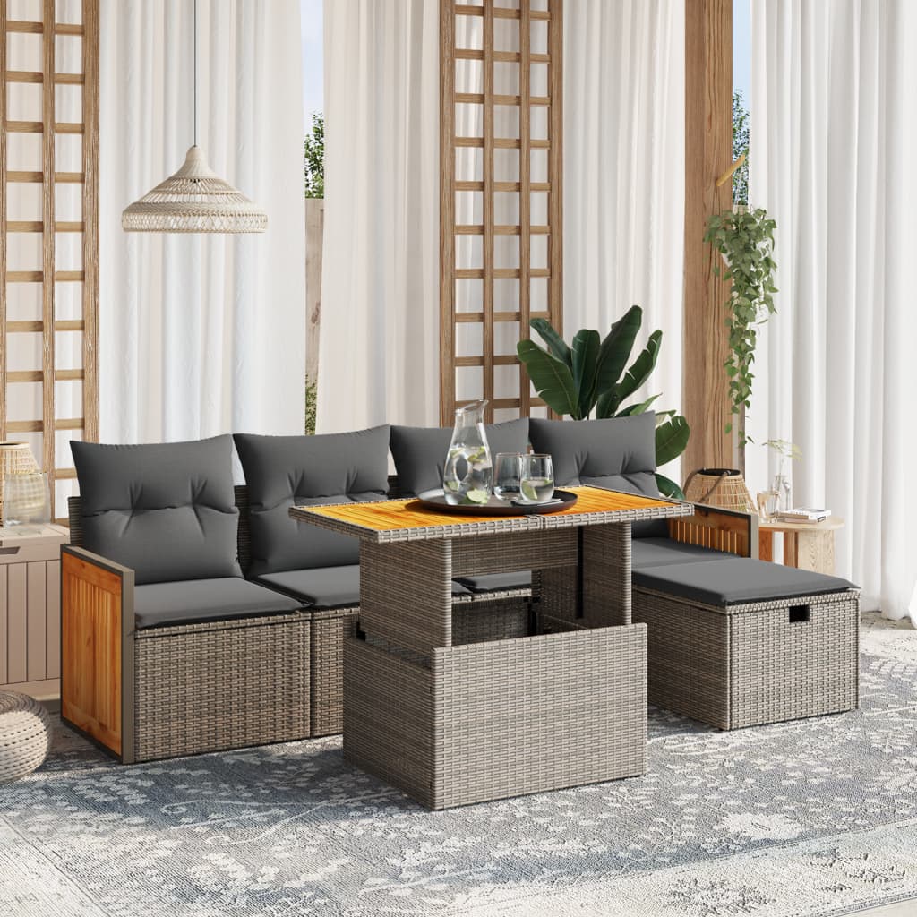 JUNG Vida 6-tlg. Garten-Sofagarnitur mit Kissen Grau Poly Rattan