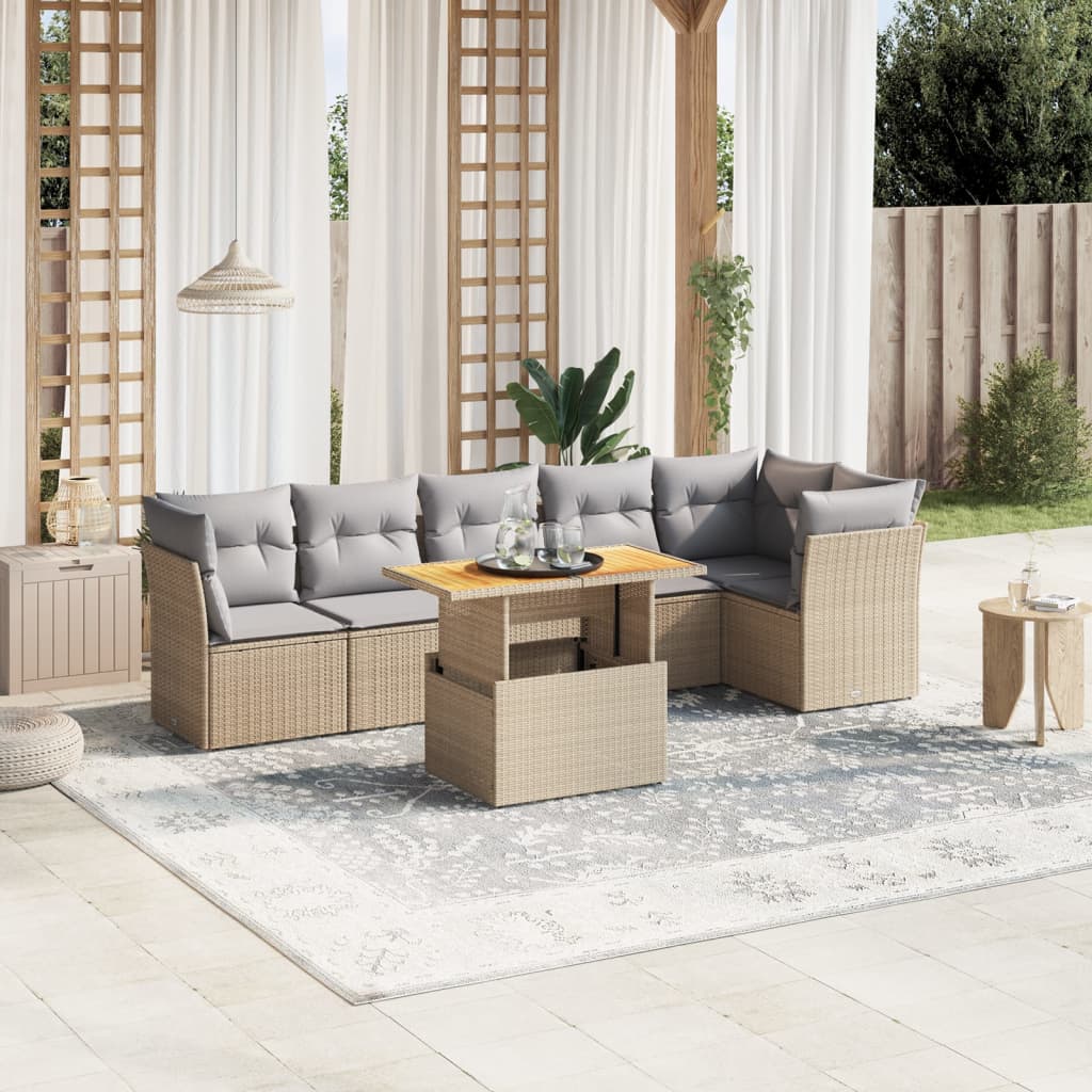 JUNG Vida 7-tlg. Garten-Sofagarnitur mit Kissen Beige Poly Rattan
