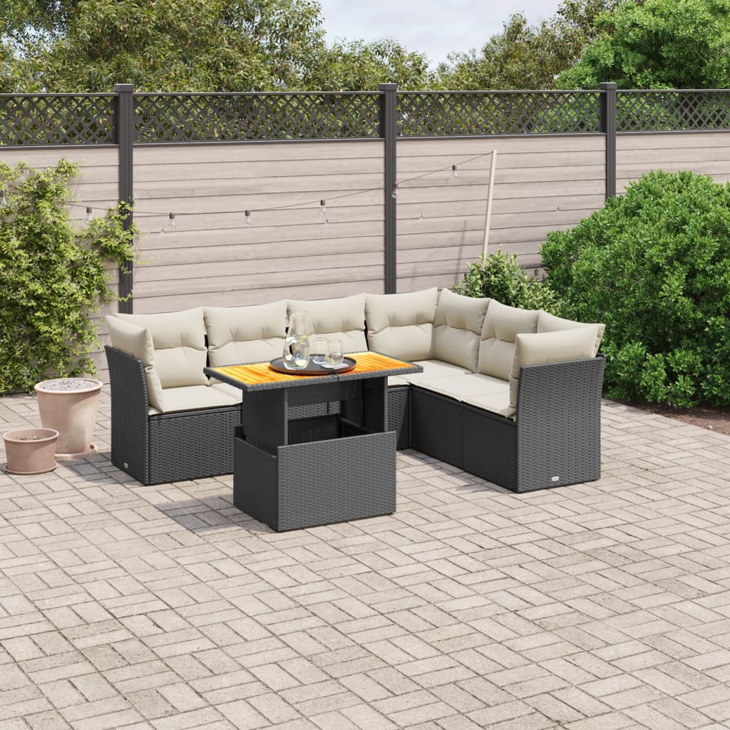 JUNG Vida 7-tlg. Garten-Sofagarnitur mit Kissen Schwarz Poly Rattan