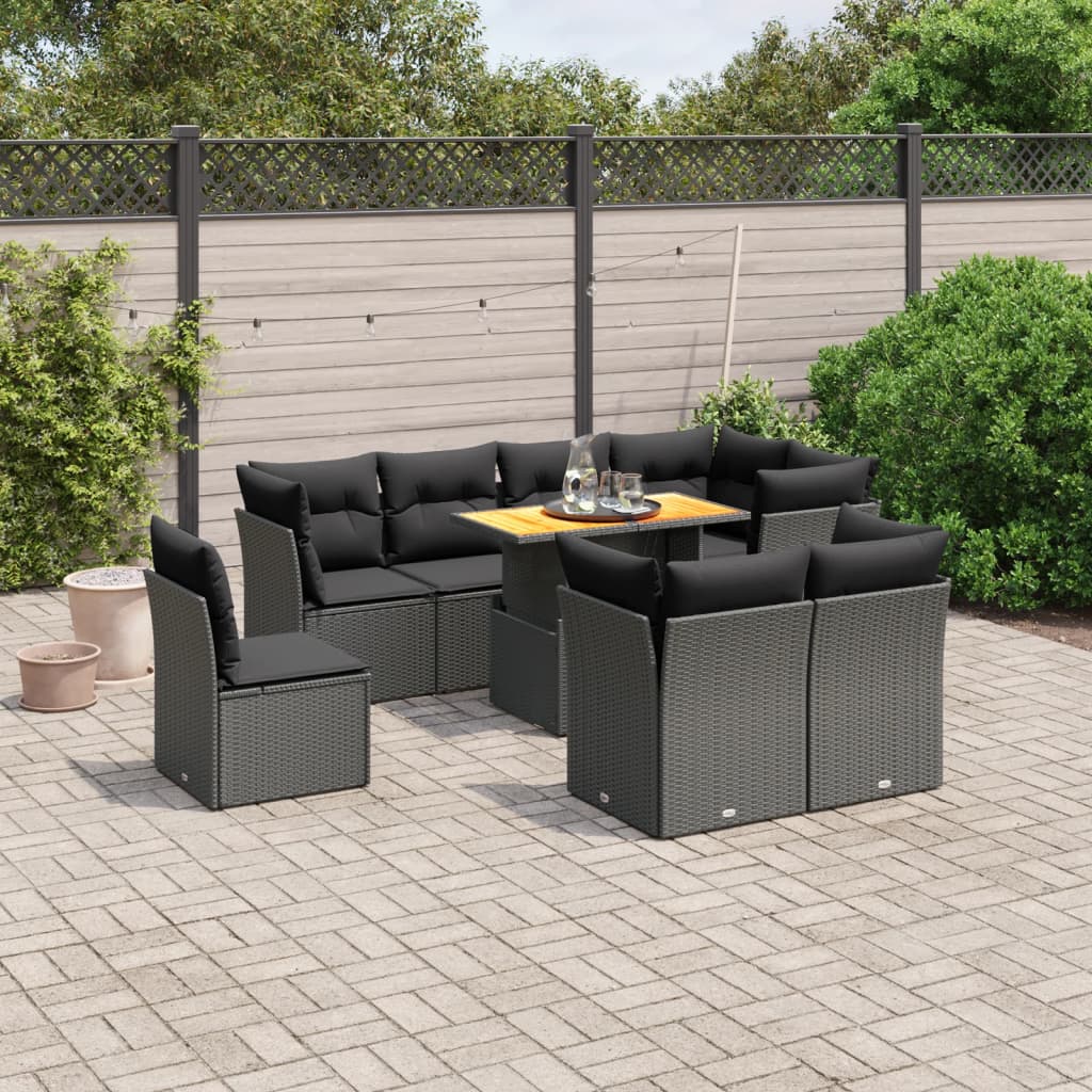 JUNG Vida 9-tlg. Garten-Sofagarnitur mit Kissen Schwarz Poly Rattan