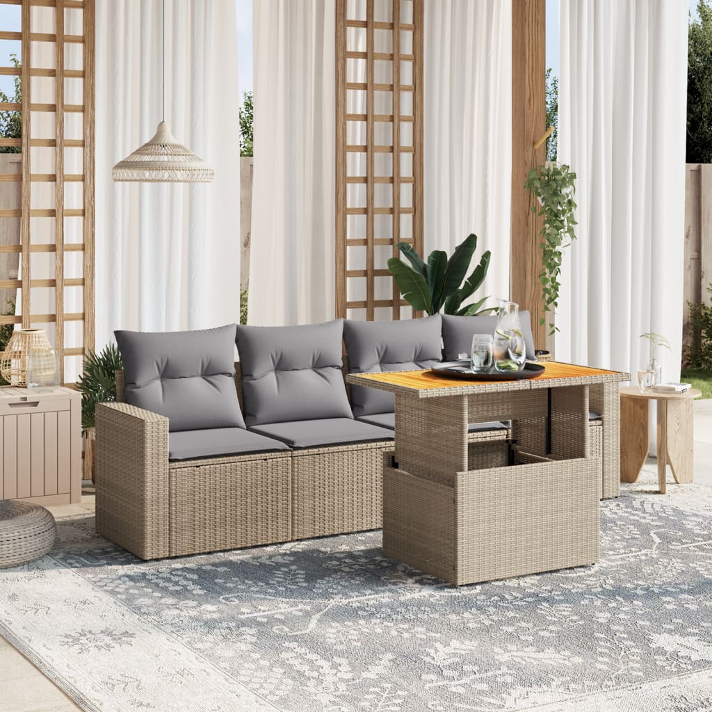 JUNG Vida 5-tlg. Garten-Sofagarnitur mit Kissen Beige Poly Rattan