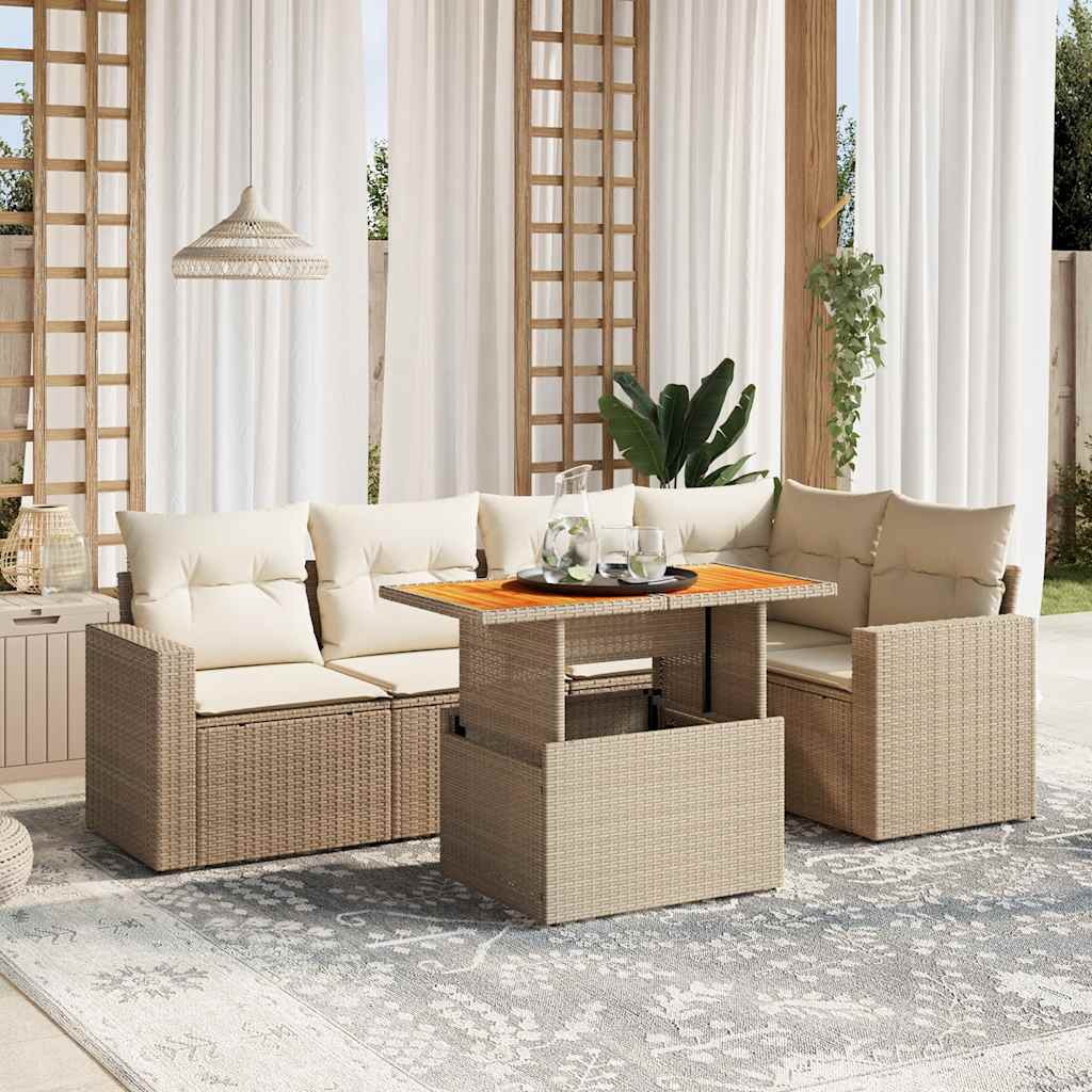 JUNG Vida 6-tlg. Garten-Sofagarnitur mit Kissen Beige Poly Rattan