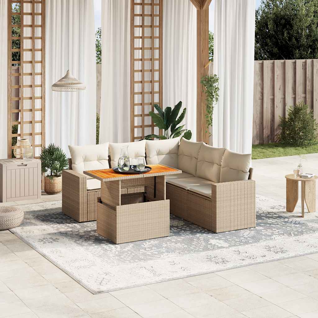JUNG Vida 6-tlg. Garten-Sofagarnitur mit Kissen Beige Poly Rattan