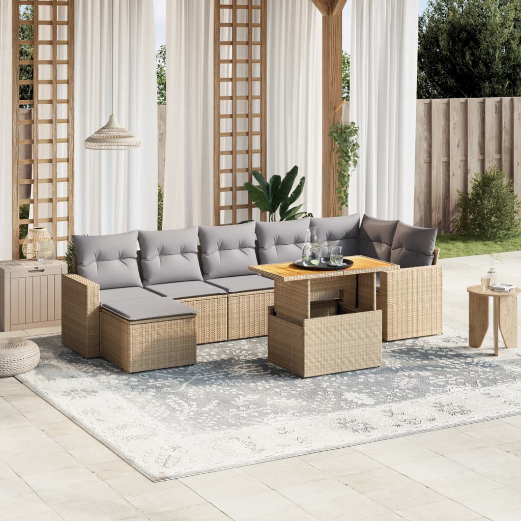 JUNG Vida 8-tlg. Garten-Sofagarnitur mit Kissen Beige Poly Rattan