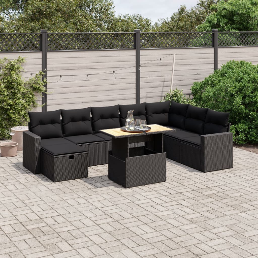 JUNG Vida 9-tlg. Garten-Sofagarnitur mit Kissen Schwarz Poly Rattan