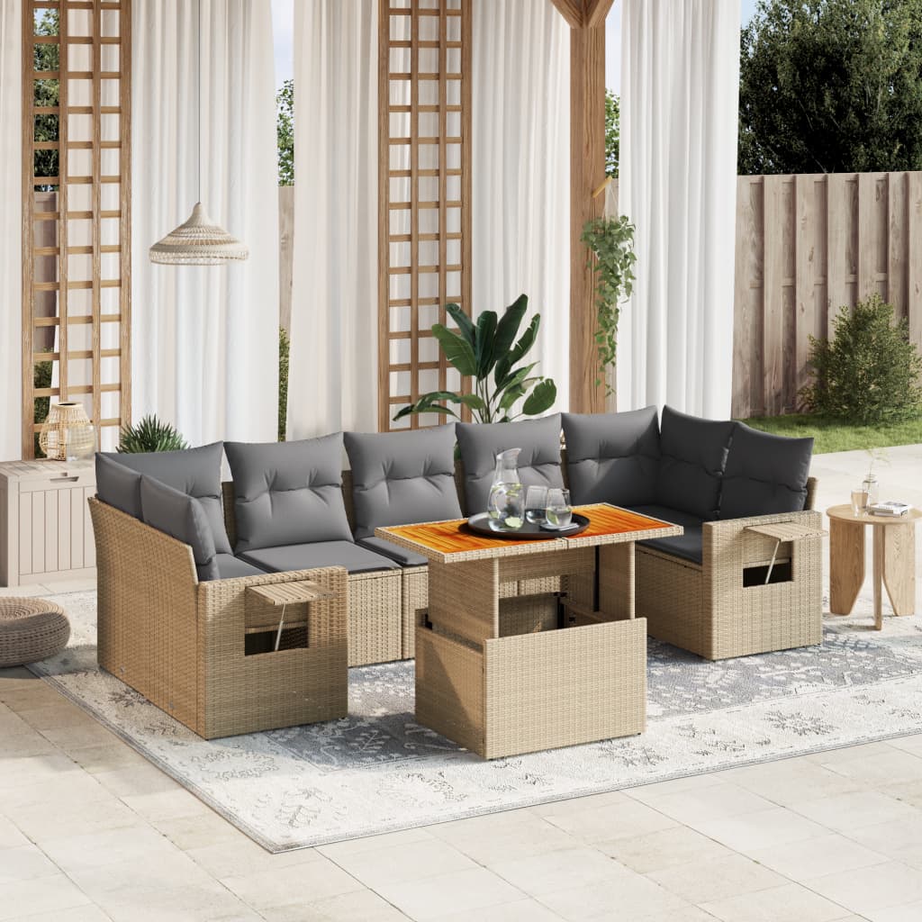 JUNG Vida 8-tlg. Garten-Sofagarnitur mit Kissen Beige Poly Rattan