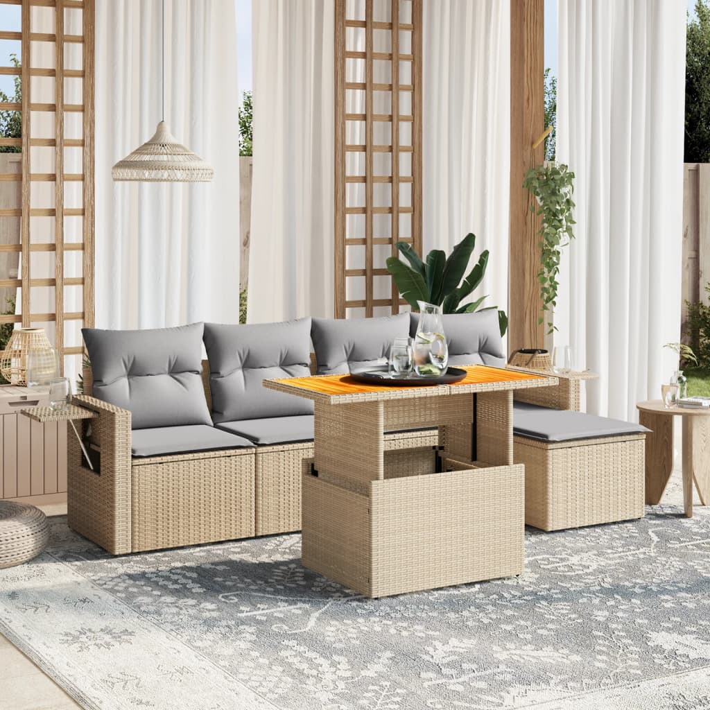 JUNG Vida 6-tlg. Garten-Sofagarnitur mit Kissen Beige Poly Rattan