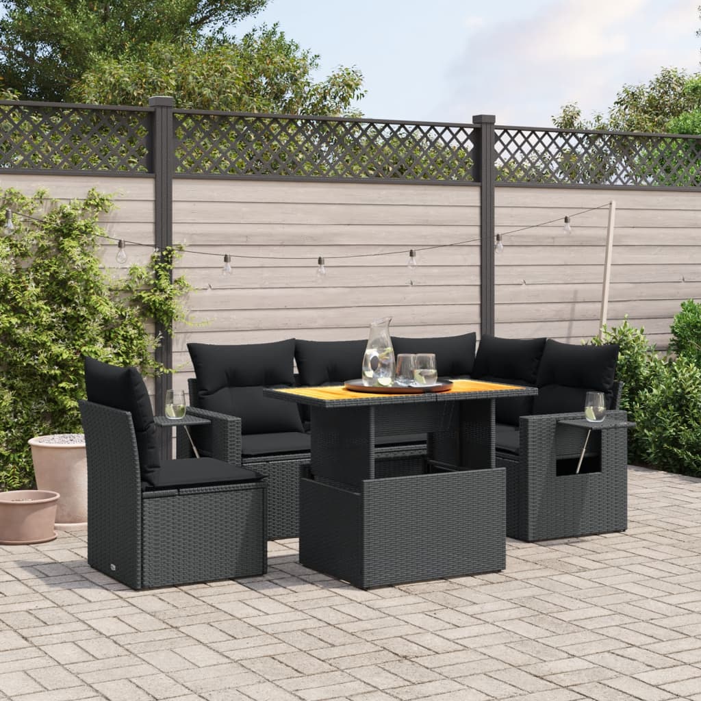 JUNG Vida 6-tlg. Garten-Sofagarnitur mit Kissen Schwarz Poly Rattan