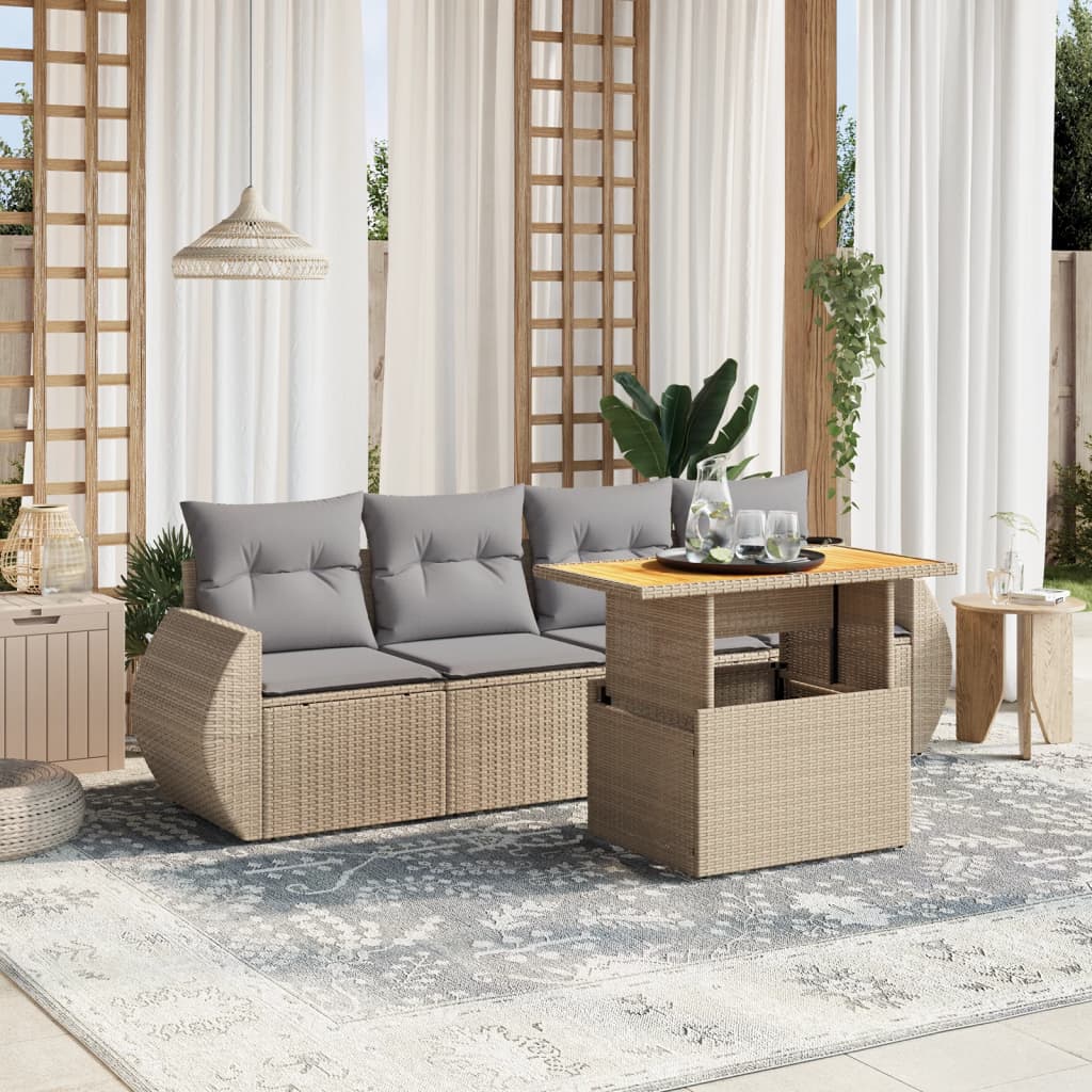 JUNG Vida 5-tlg. Garten-Sofagarnitur mit Kissen Beige Poly Rattan
