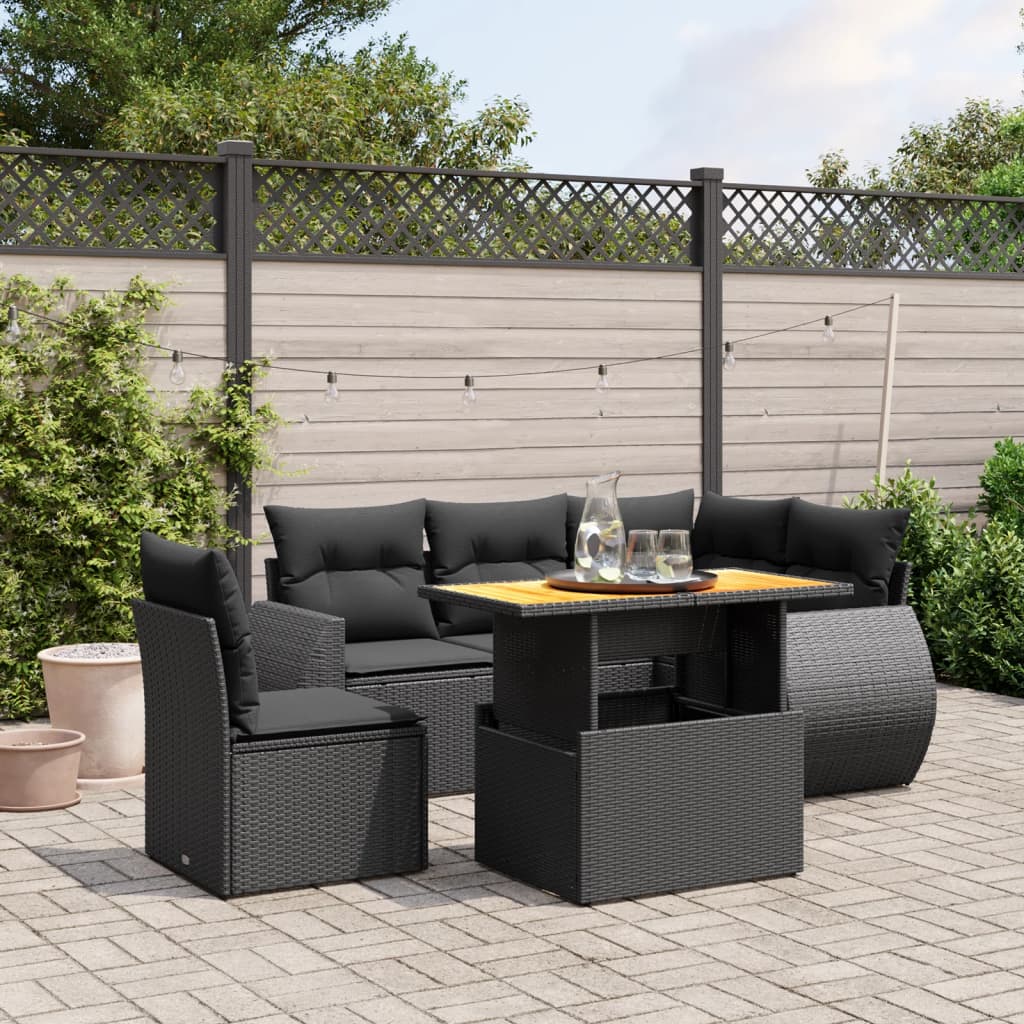JUNG Vida 6-tlg. Garten-Sofagarnitur mit Kissen Schwarz Poly Rattan