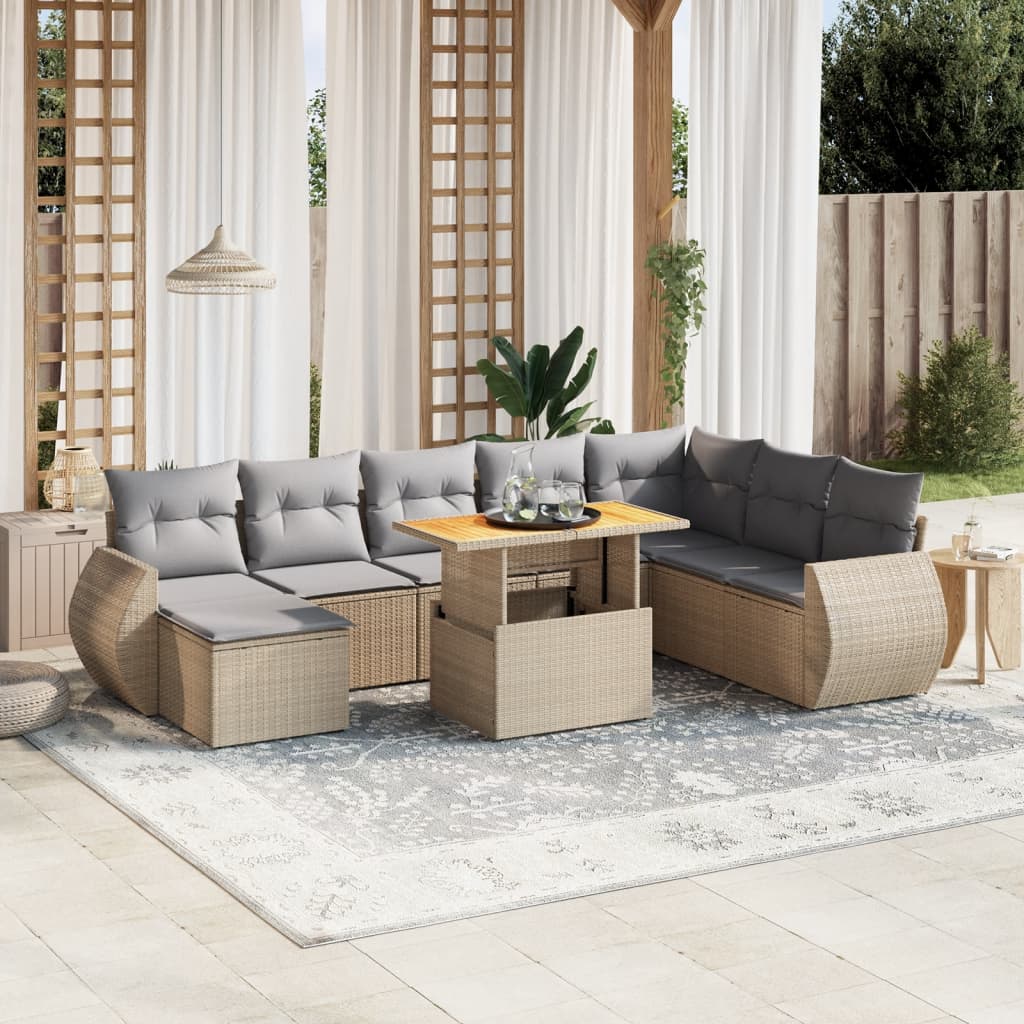 JUNG Vida 9-tlg. Garten-Sofagarnitur mit Kissen Beige Poly Rattan