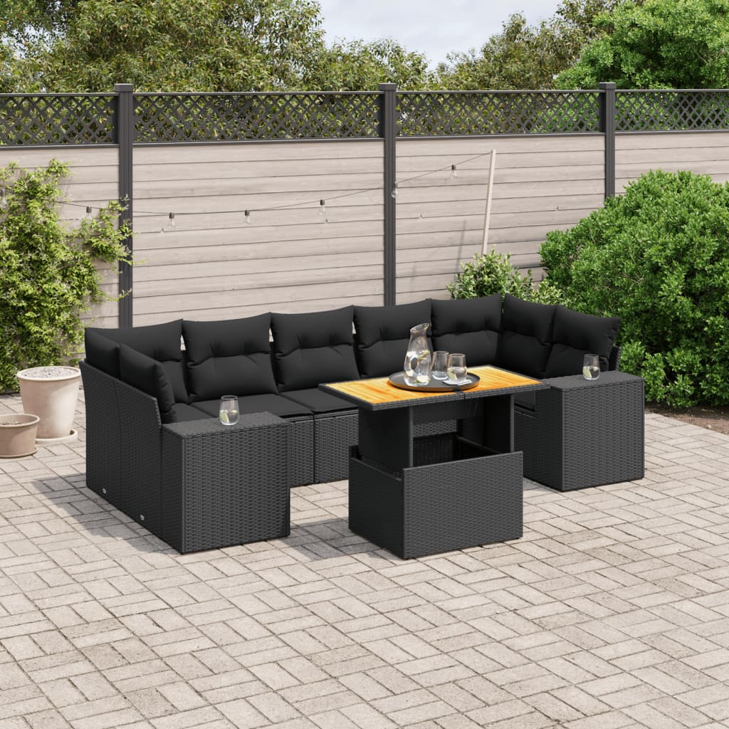 JUNG Vida 8-tlg. Garten-Sofagarnitur mit Kissen Schwarz Poly Rattan