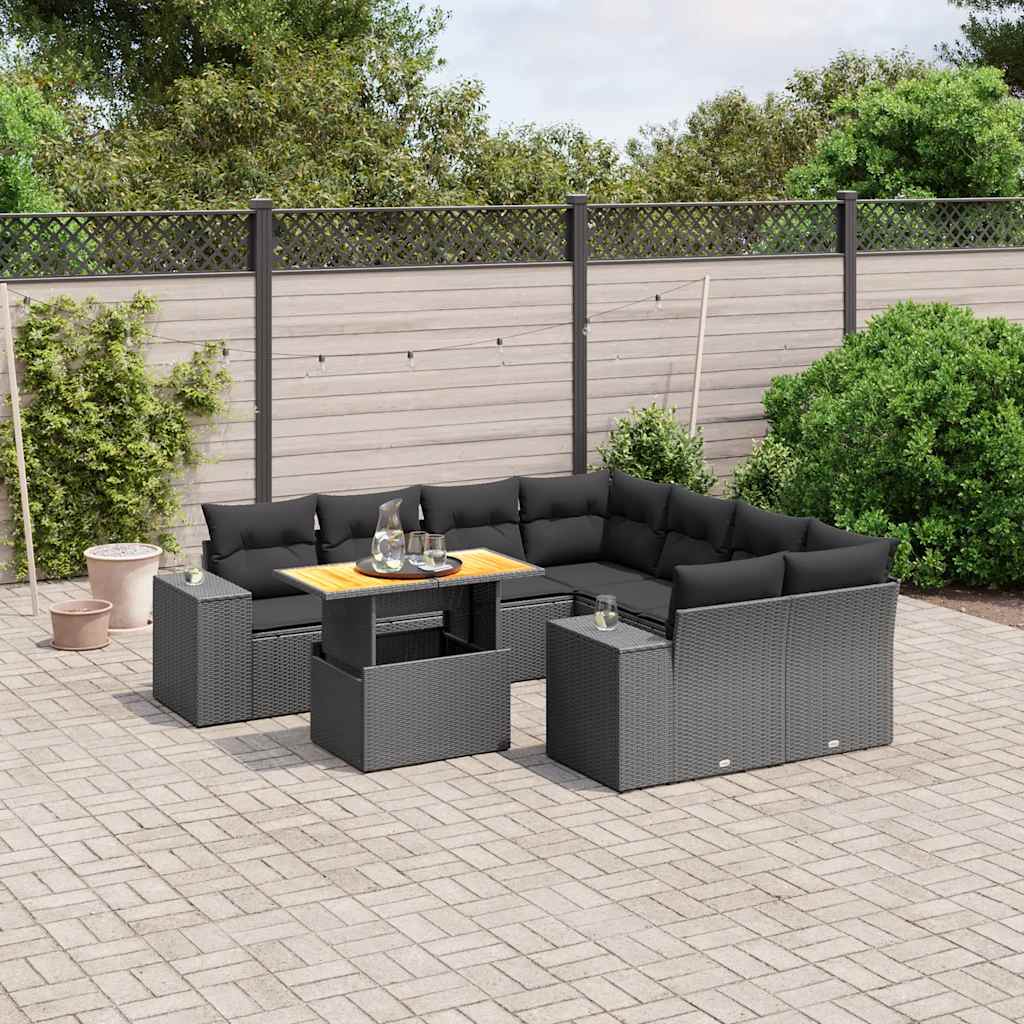 JUNG Vida 9-tlg. Garten-Sofagarnitur mit Kissen Schwarz Poly Rattan