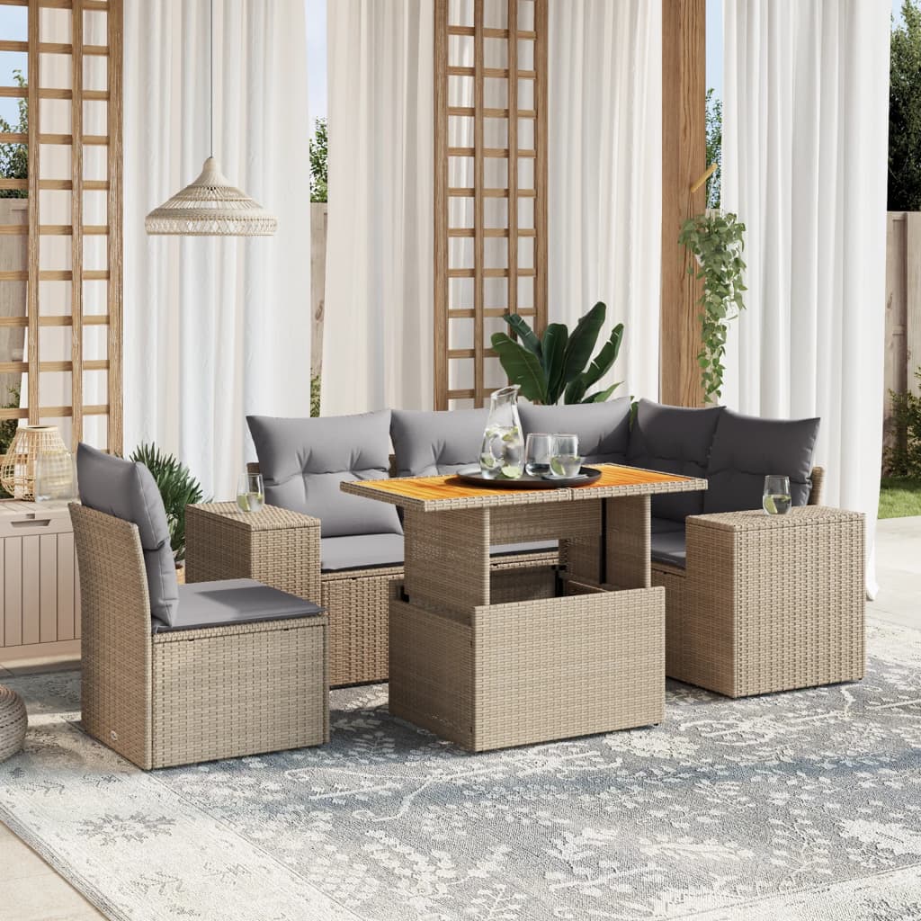 JUNG Vida 6-tlg. Garten-Sofagarnitur mit Kissen Beige Poly Rattan