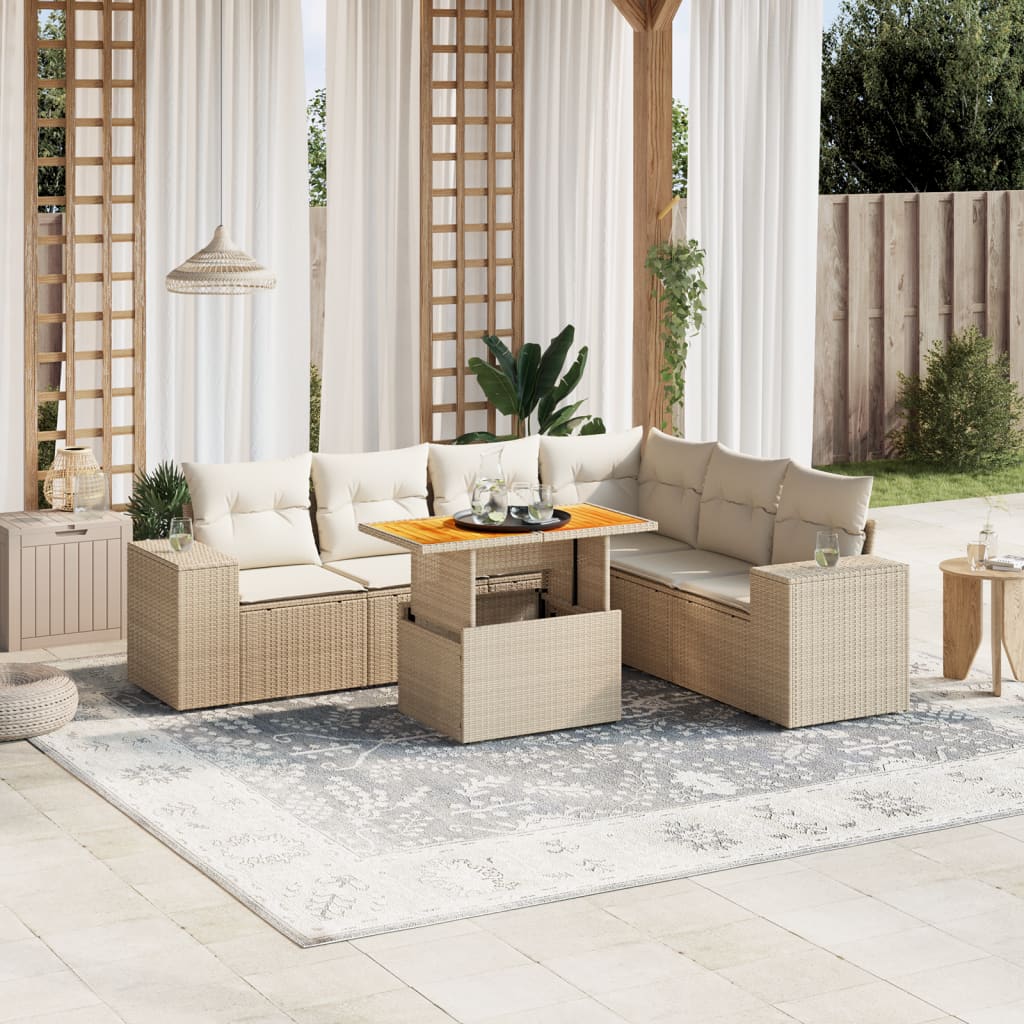 JUNG Vida 7-tlg. Garten-Sofagarnitur mit Kissen Beige Poly Rattan