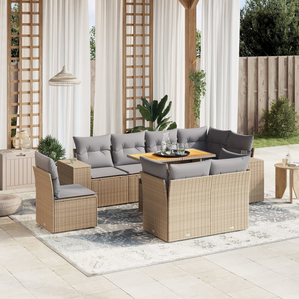 JUNG Vida 9-tlg. Garten-Sofagarnitur mit Kissen Beige Poly Rattan