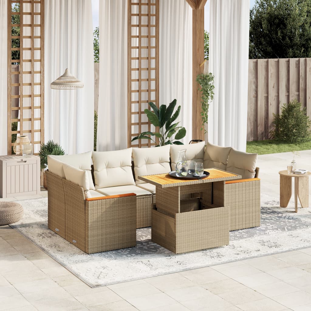 JUNG Vida 7-tlg. Garten-Sofagarnitur mit Kissen Beige Poly Rattan
