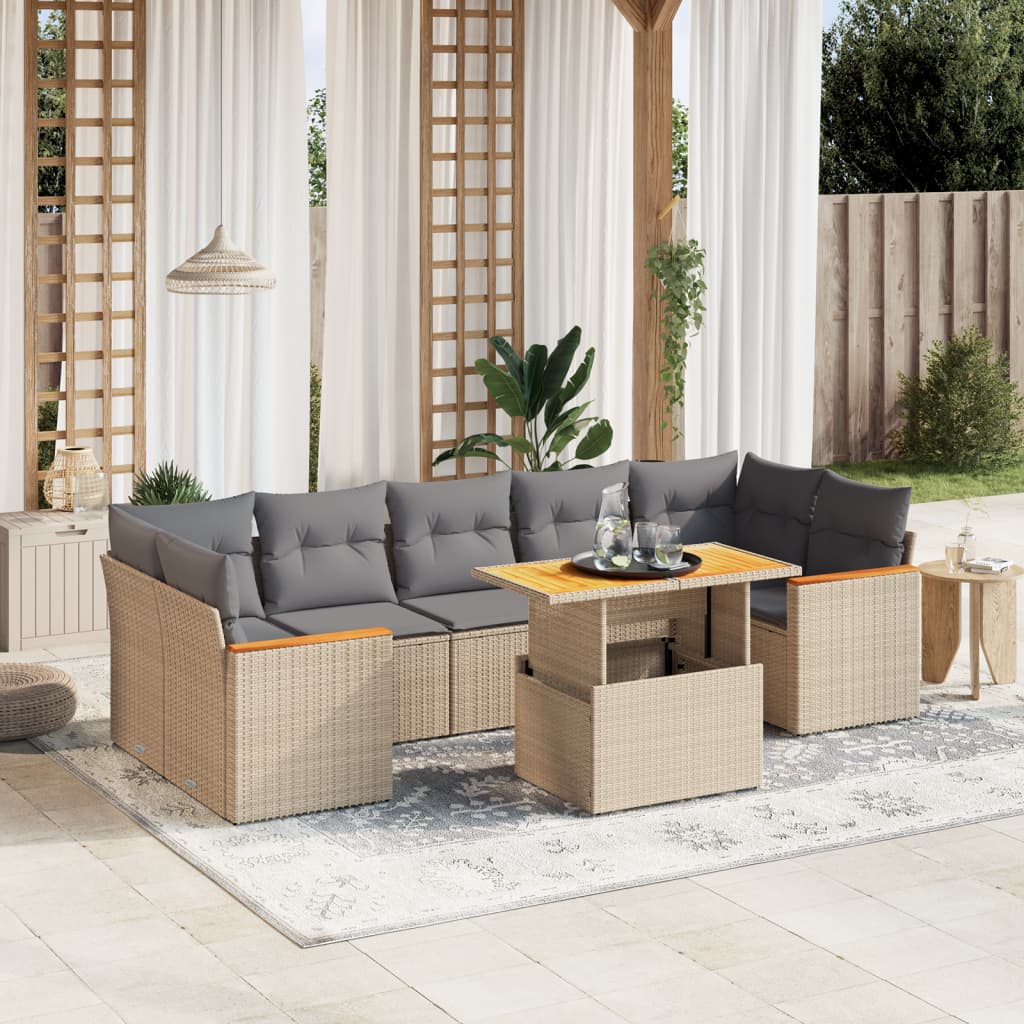 JUNG Vida 8-tlg. Garten-Sofagarnitur mit Kissen Beige Poly Rattan