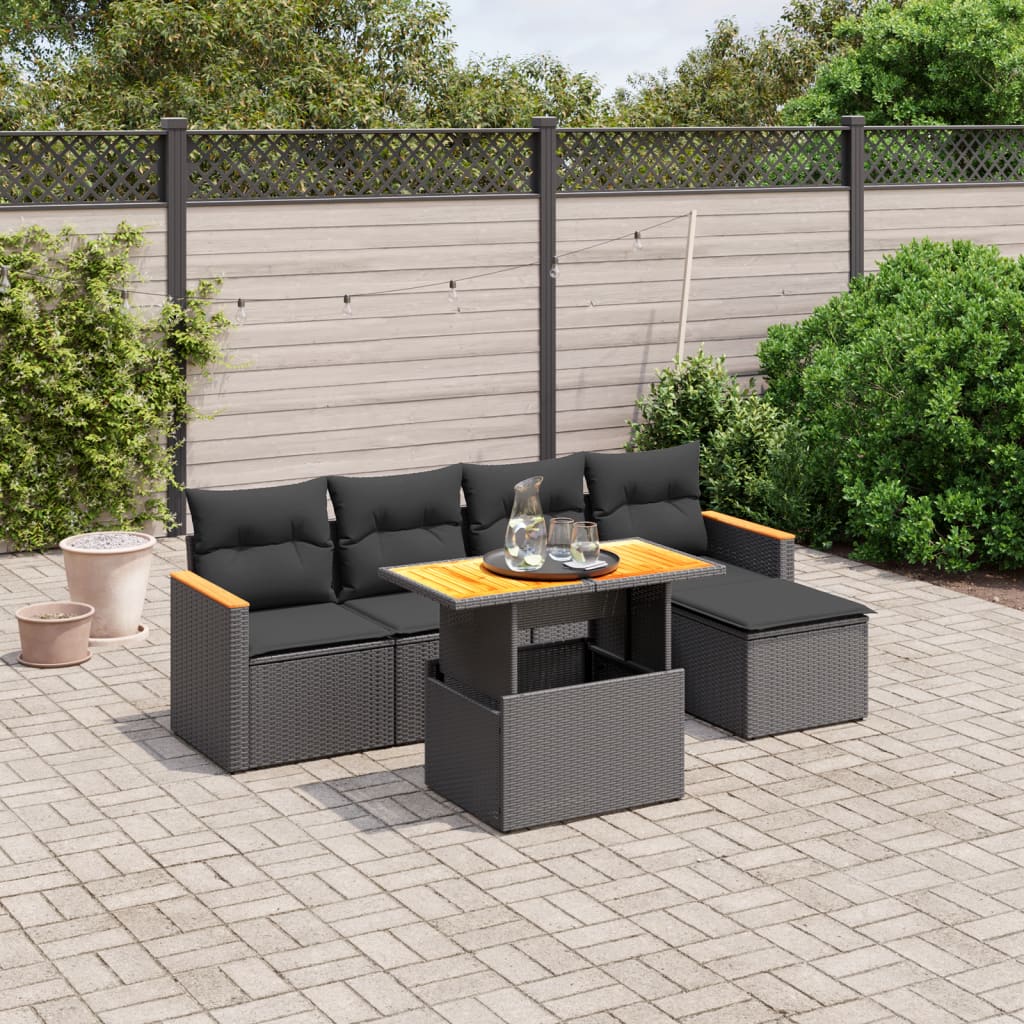 JUNG Vida 6-tlg. Garten-Sofagarnitur mit Kissen Schwarz Poly Rattan