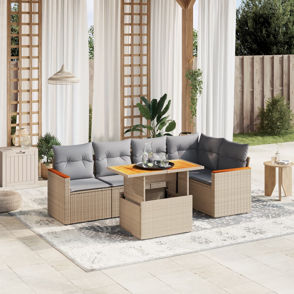 JUNG Vida 6-tlg. Garten-Sofagarnitur mit Kissen Beige Poly Rattan