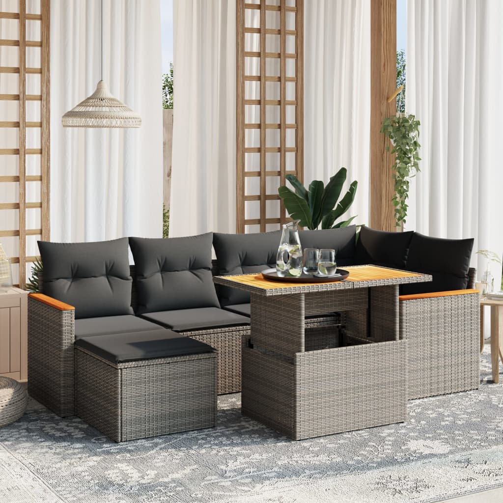 JUNG Vida 7-tlg. Garten-Sofagarnitur mit Kissen Grau Poly Rattan