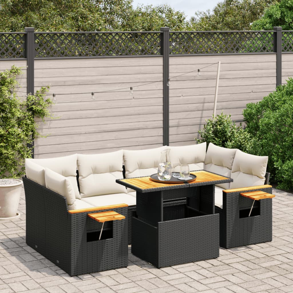 JUNG Vida 7-tlg. Garten-Sofagarnitur mit Kissen Schwarz Poly Rattan