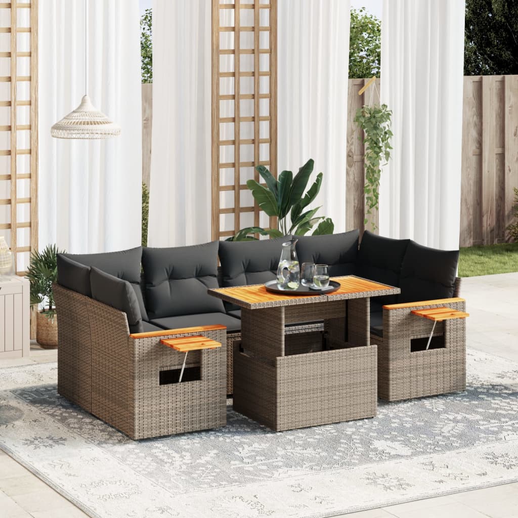 JUNG Vida 7-tlg. Garten-Sofagarnitur mit Kissen Grau Poly Rattan