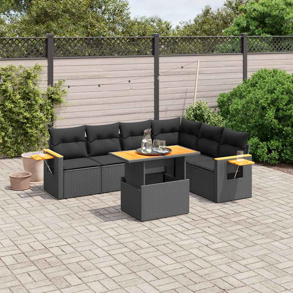 JUNG Vida 7-tlg. Garten-Sofagarnitur mit Kissen Schwarz Poly Rattan