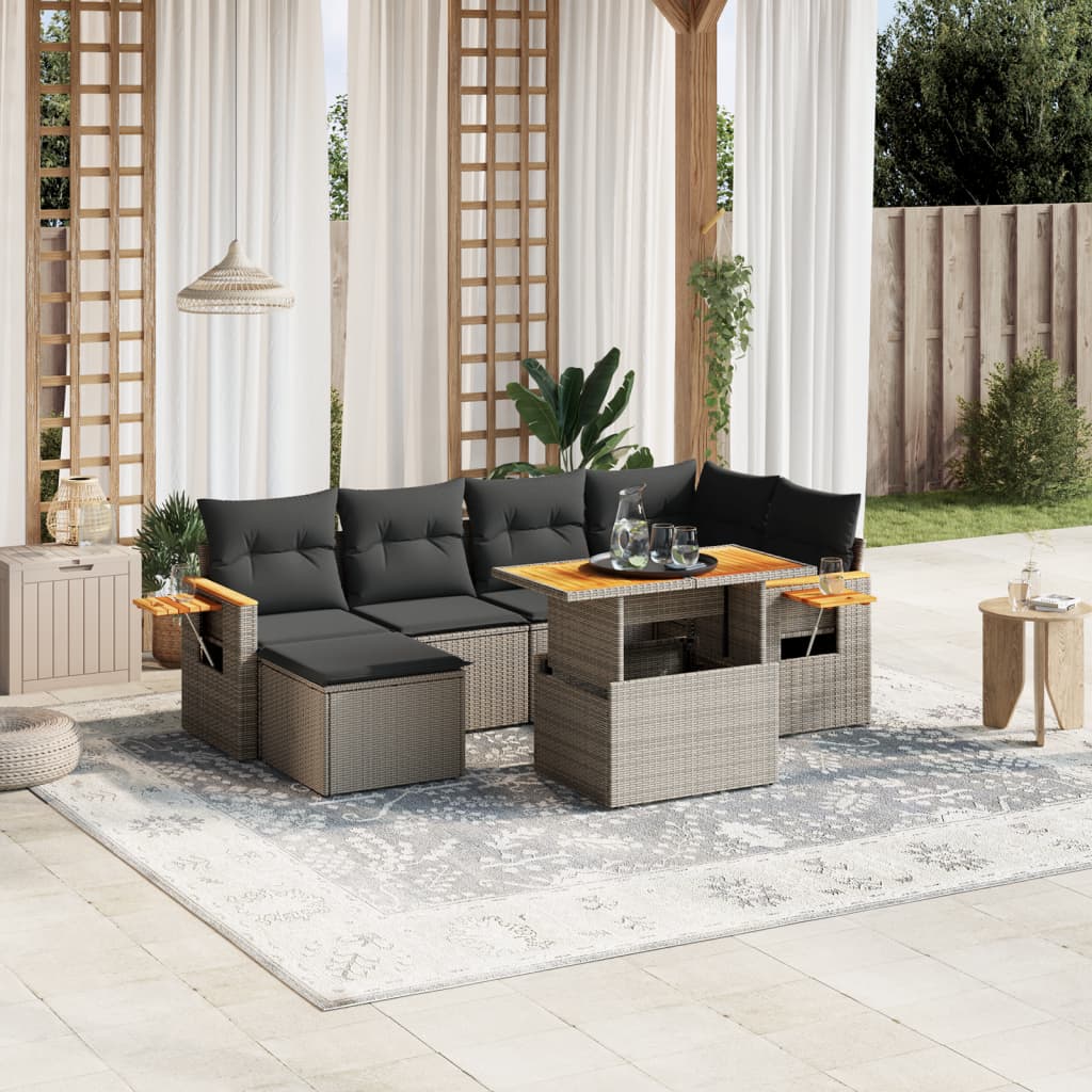 JUNG Vida 7-tlg. Garten-Sofagarnitur mit Kissen Grau Poly Rattan