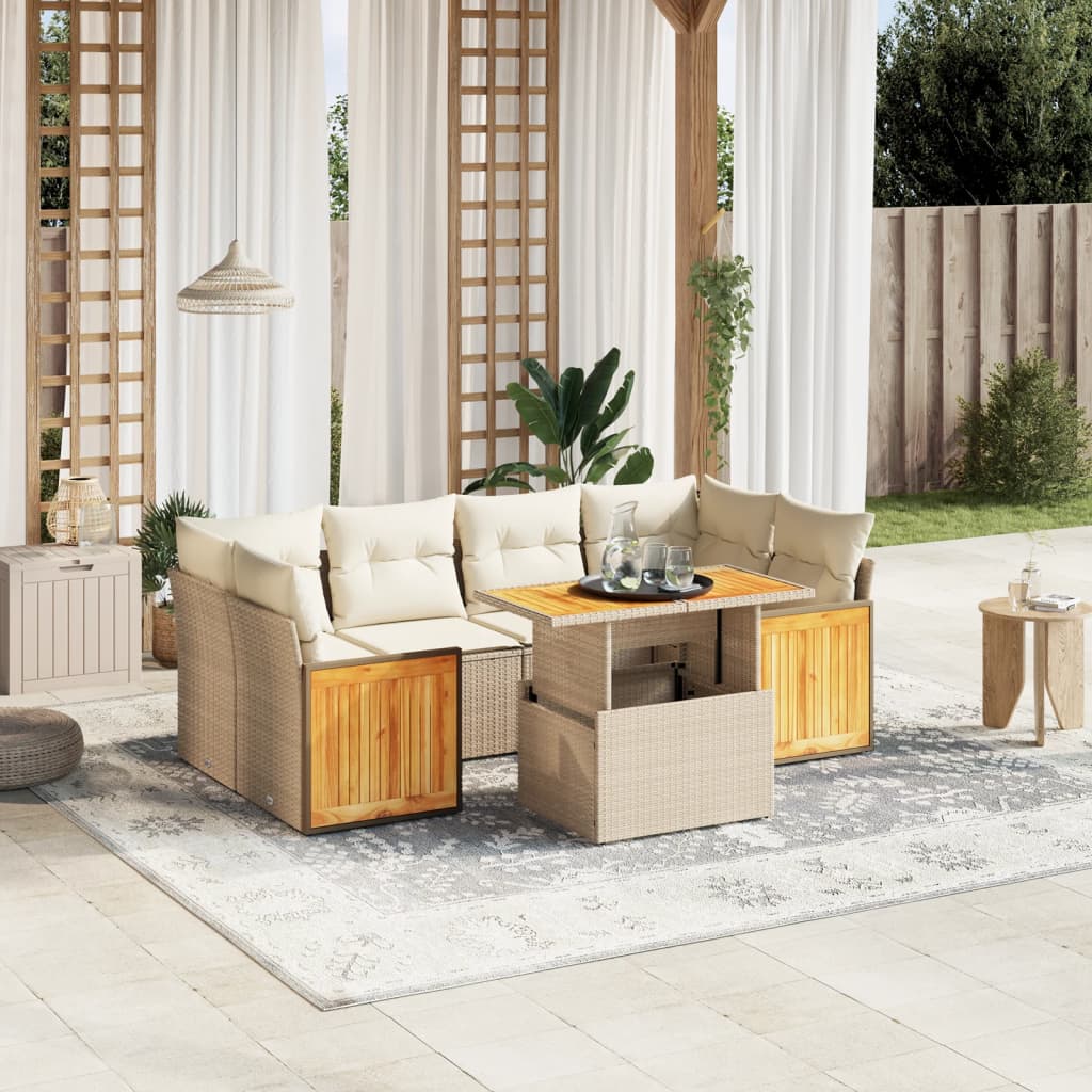JUNG Vida 7-tlg. Garten-Sofagarnitur mit Kissen Beige Poly Rattan