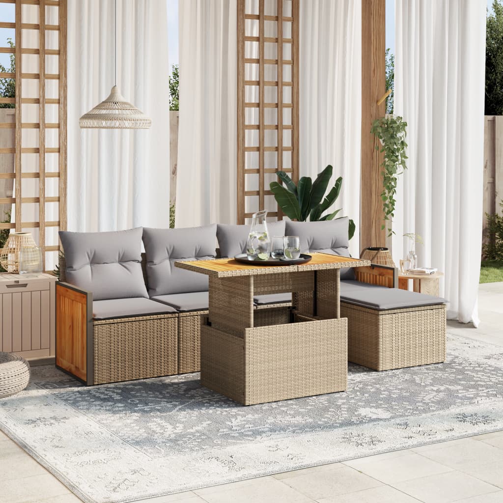 JUNG Vida 6-tlg. Garten-Sofagarnitur mit Kissen Beige Poly Rattan