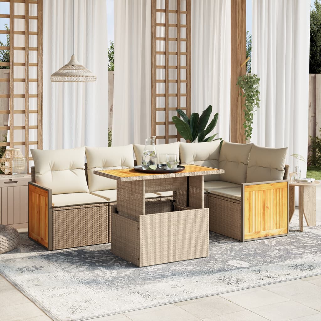 JUNG Vida 6-tlg. Garten-Sofagarnitur mit Kissen Beige Poly Rattan
