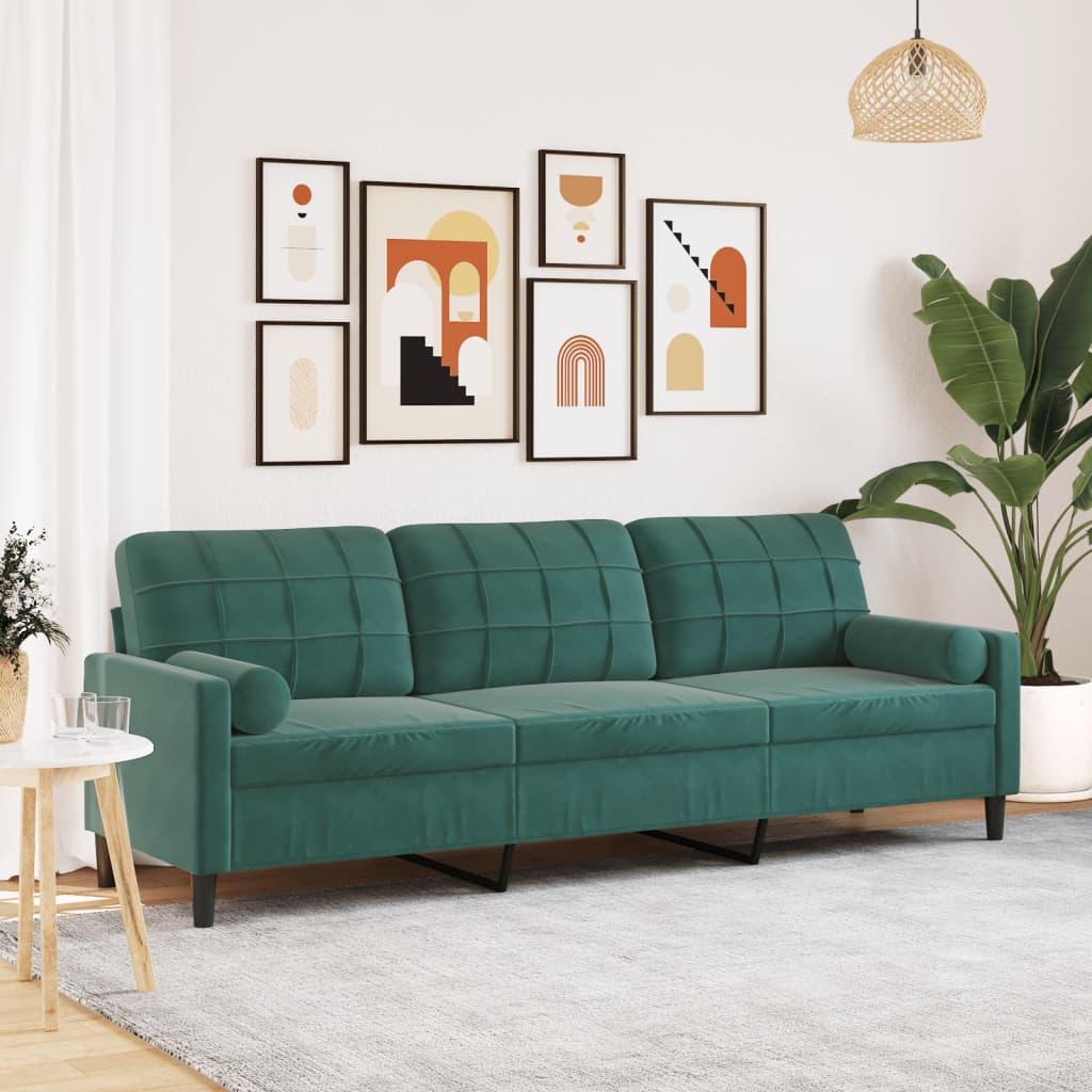 JUNG Vida Sofa 3-Sitzer mit Zierkissen Dunkelgrün 210 cm Samt
