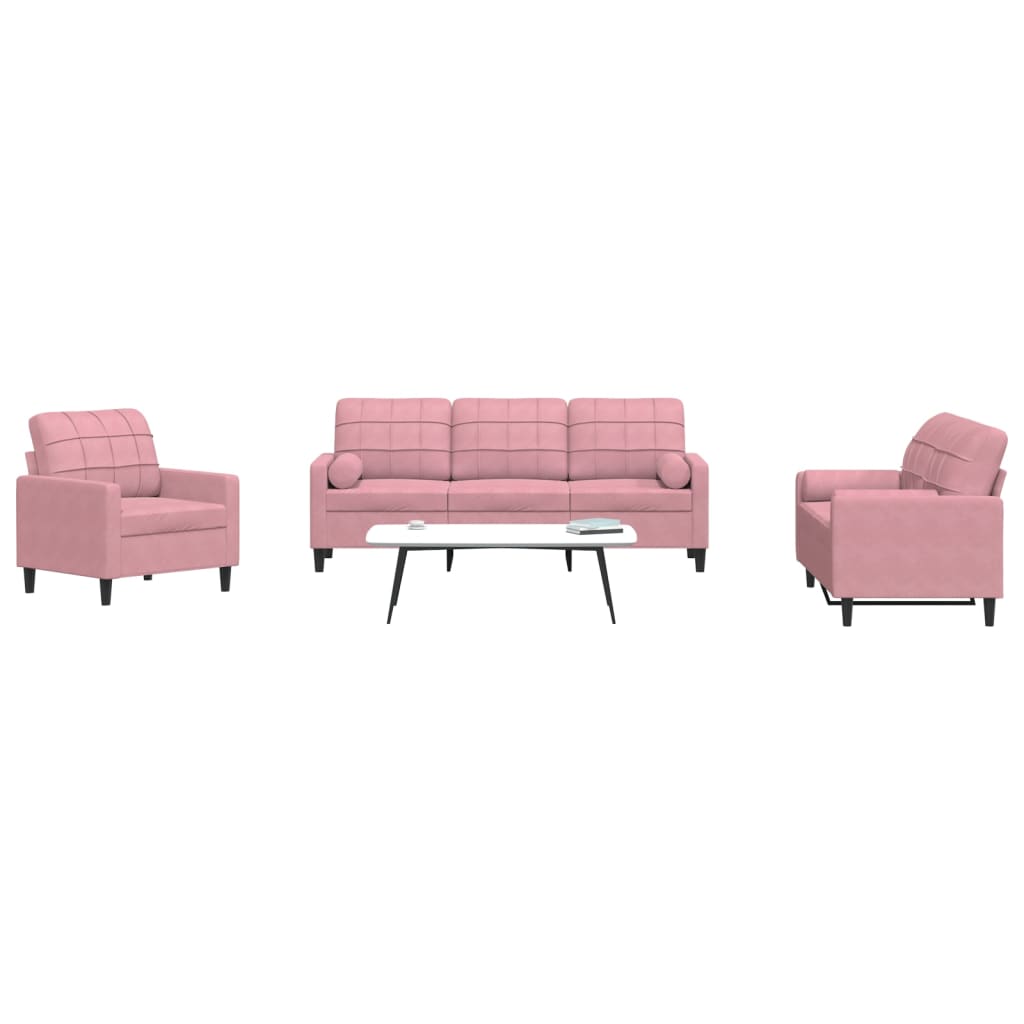 JUNG Vida 3-tlg. Sofagarnitur mit Kissen und Nackenrollen Rosa Samt