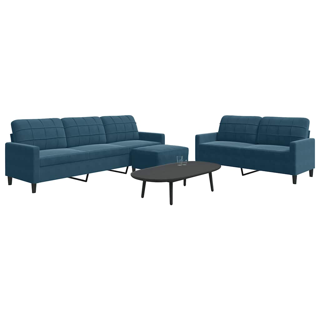 JUNG Vida 3-tlg. Sofagarnitur mit Kissen Blau Samt