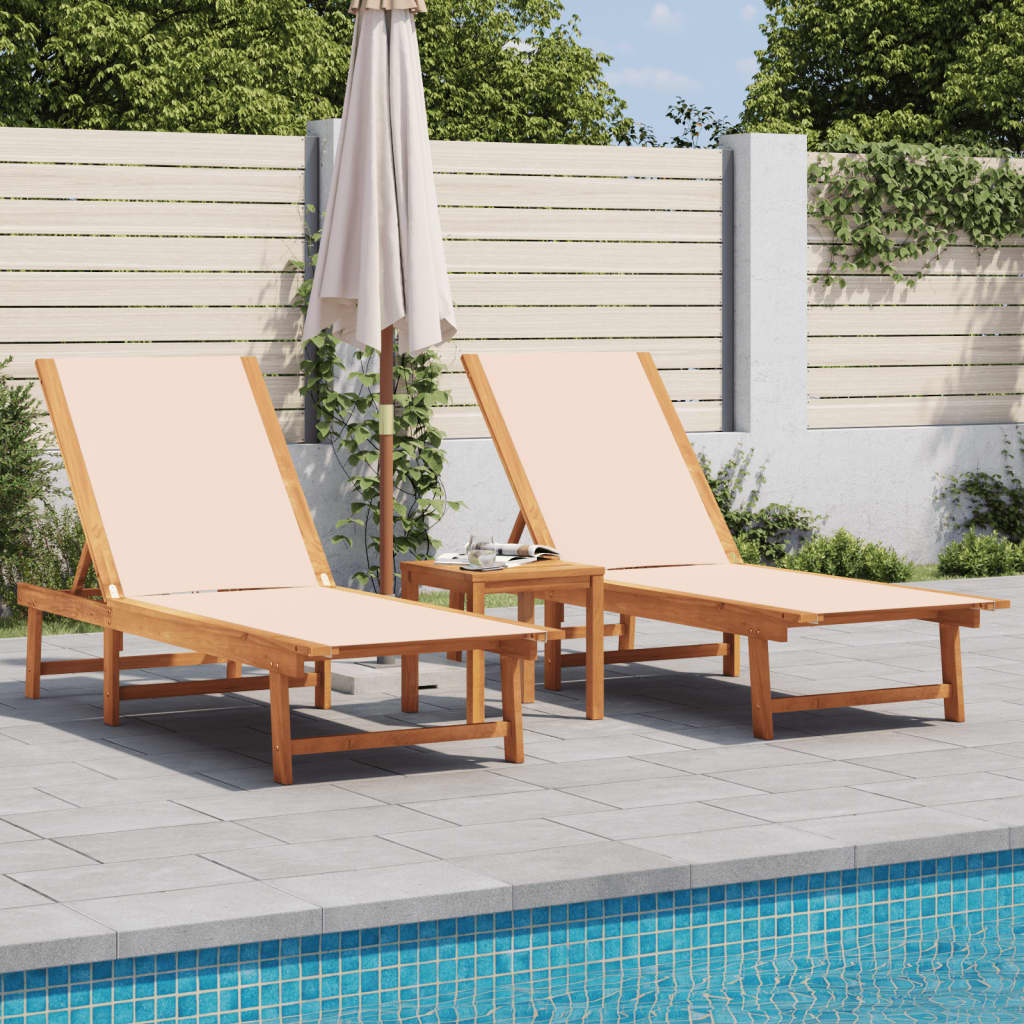 JUNG Vida Sonnenliegen 2 Stk. mit Tisch Creme Massivholz Akazie Textilene