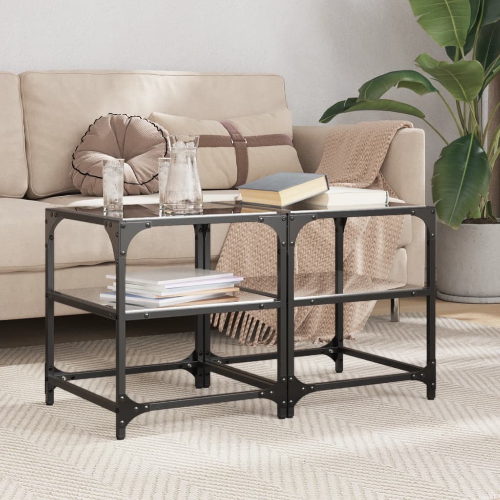 JUNG Vida Couchtische mit Glasplatten 2 Stk. Schwarz 40x40x45 cm Stahl