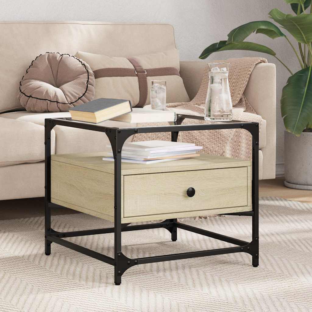 JUNG Vida Couchtisch mit Glasplatte Sonoma-Eiche 50x50x45 cm Stahl