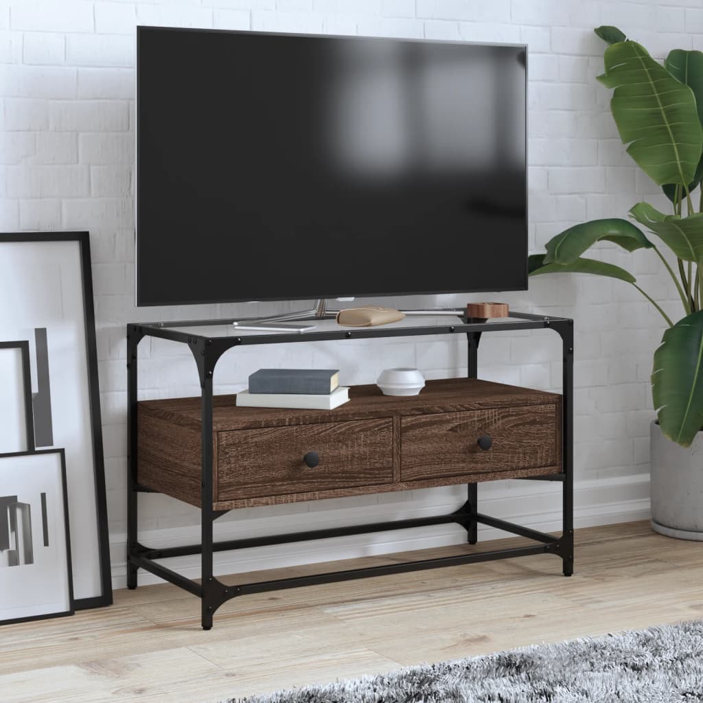JUNG Vida TV-Schrank mit Glasplatte Braun Eiche 80x35x51 cm Holzwerkstoff
