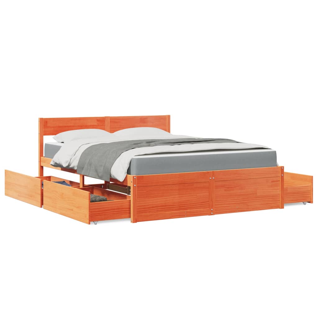 JUNG Vida Bett mit Schubladen und Matratze Wachsbraun 140x200 Massivholz