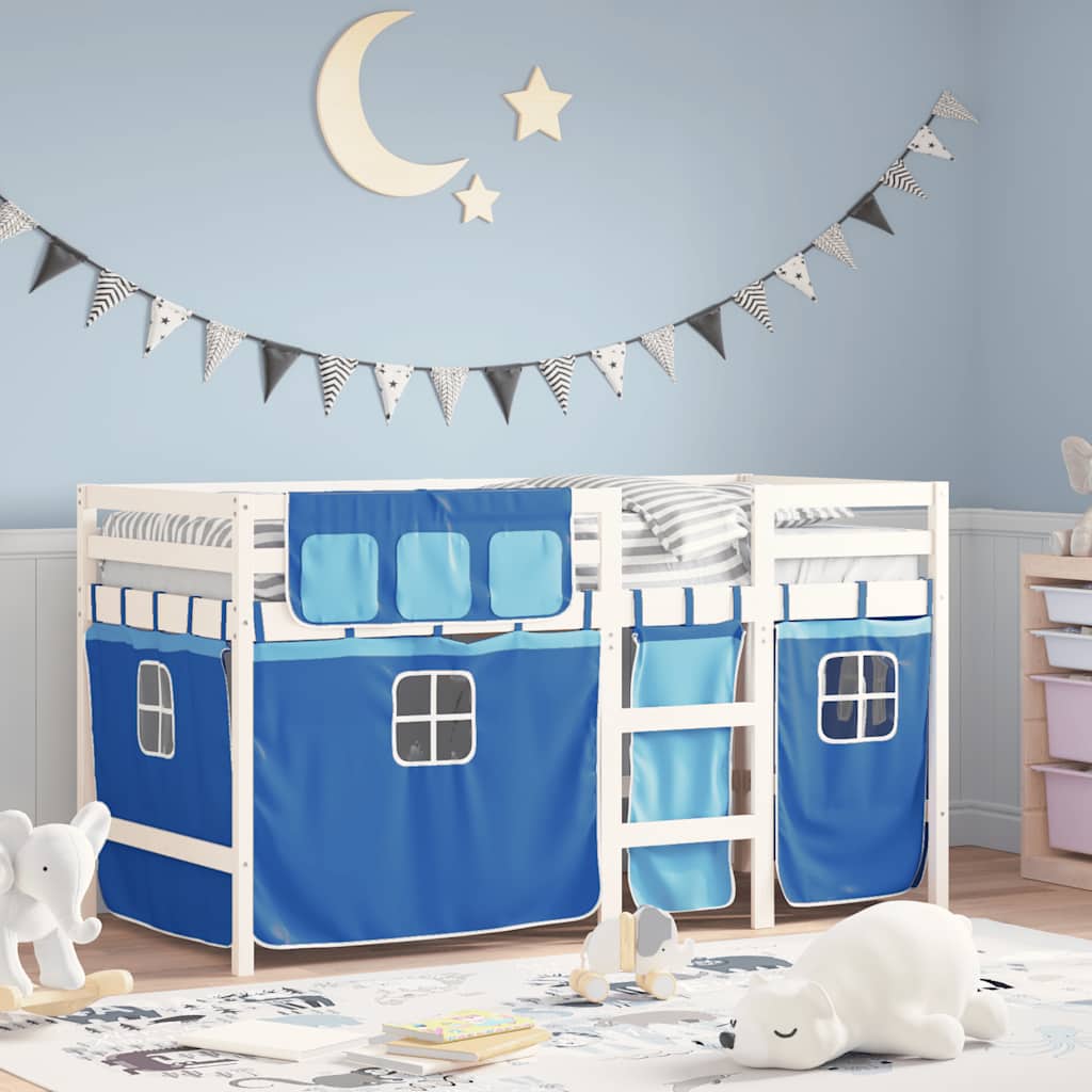 JUNG Vida Kinderhochbett mit Vorhängen Blau 90x190 cm Massivholz Kiefer