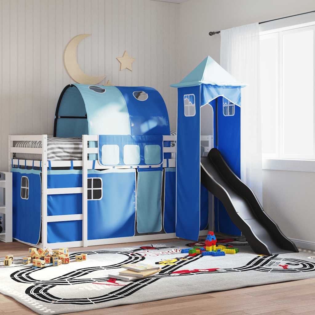 JUNG Vida Etagenbett mit Rutsche und Gardinen Blau 90x190 cm