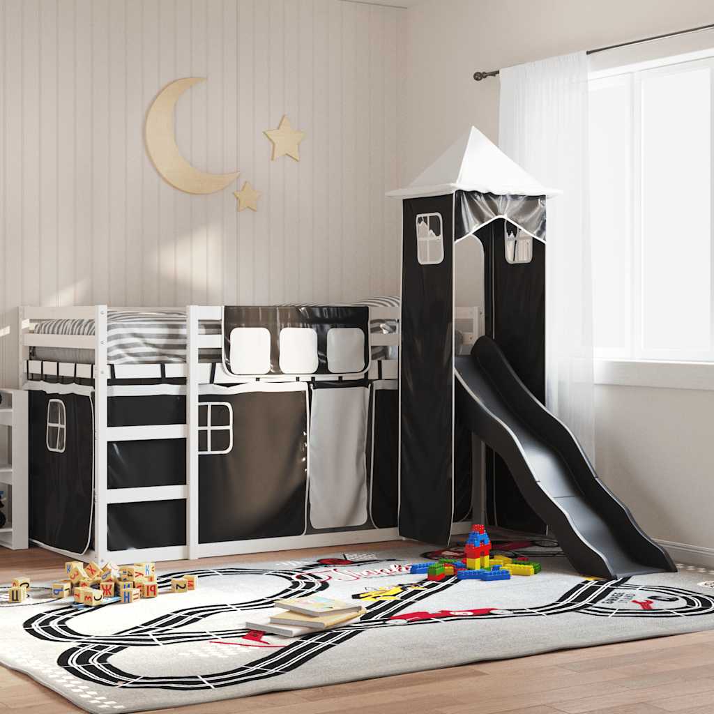 JUNG Vida Etagenbett mit Rutsche und Gardinen Weiß und Schwarz 80x200 cm