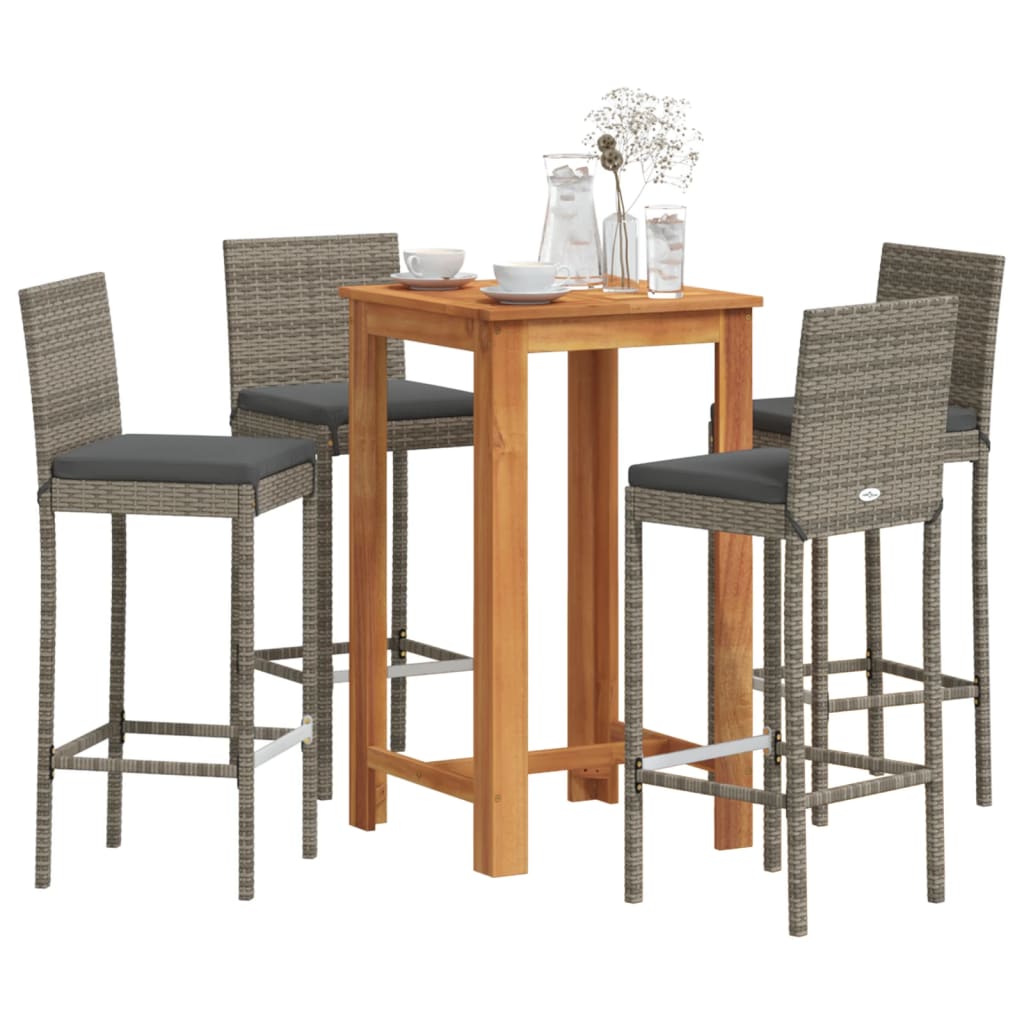 JUNG Vida 5-tlg. Gartenbar-Set Grau Massivholz Akazie und Poly Rattan