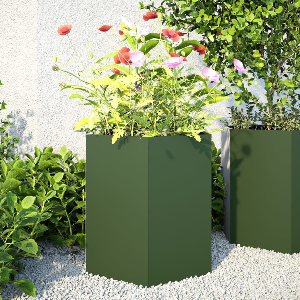 JUNG Vida Garten-Pflanzgefäße 2 Stk.Olivgrün Sechseckig 46x40x45 cm Stahl
