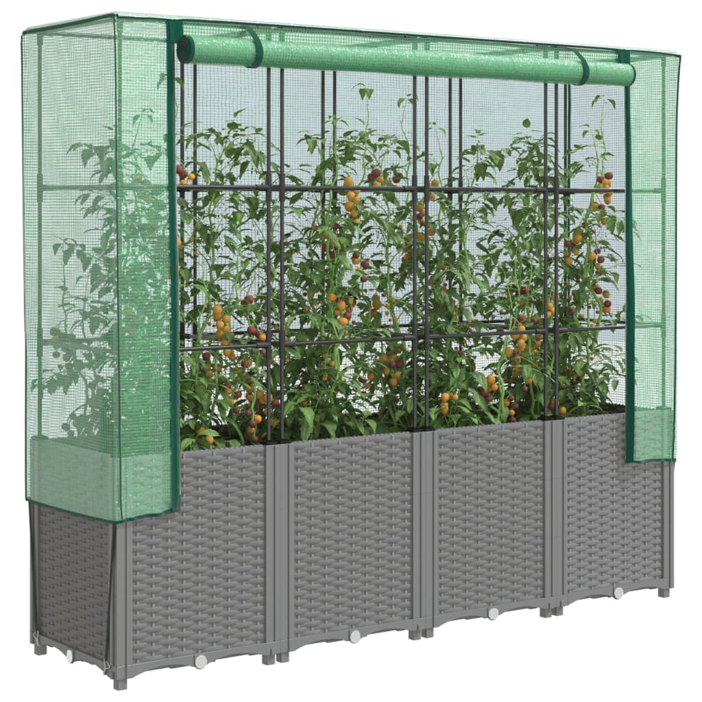 JUNG Vida Hochbeet mit Gewächshaus-Aufsatz Rattan-Optik 160x40x153 cm
