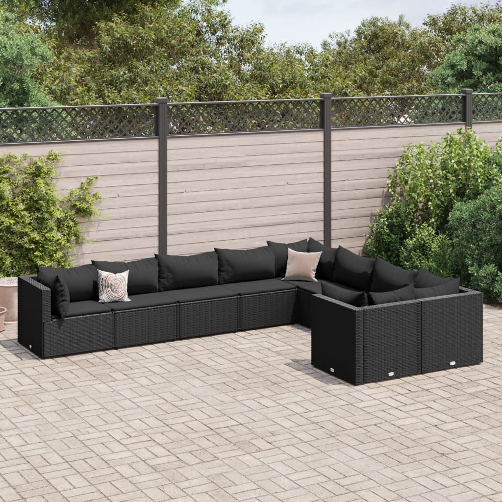 JUNG Vida 9-tlg. Garten-Sofagarnitur mit Kissen Schwarz Poly Rattan